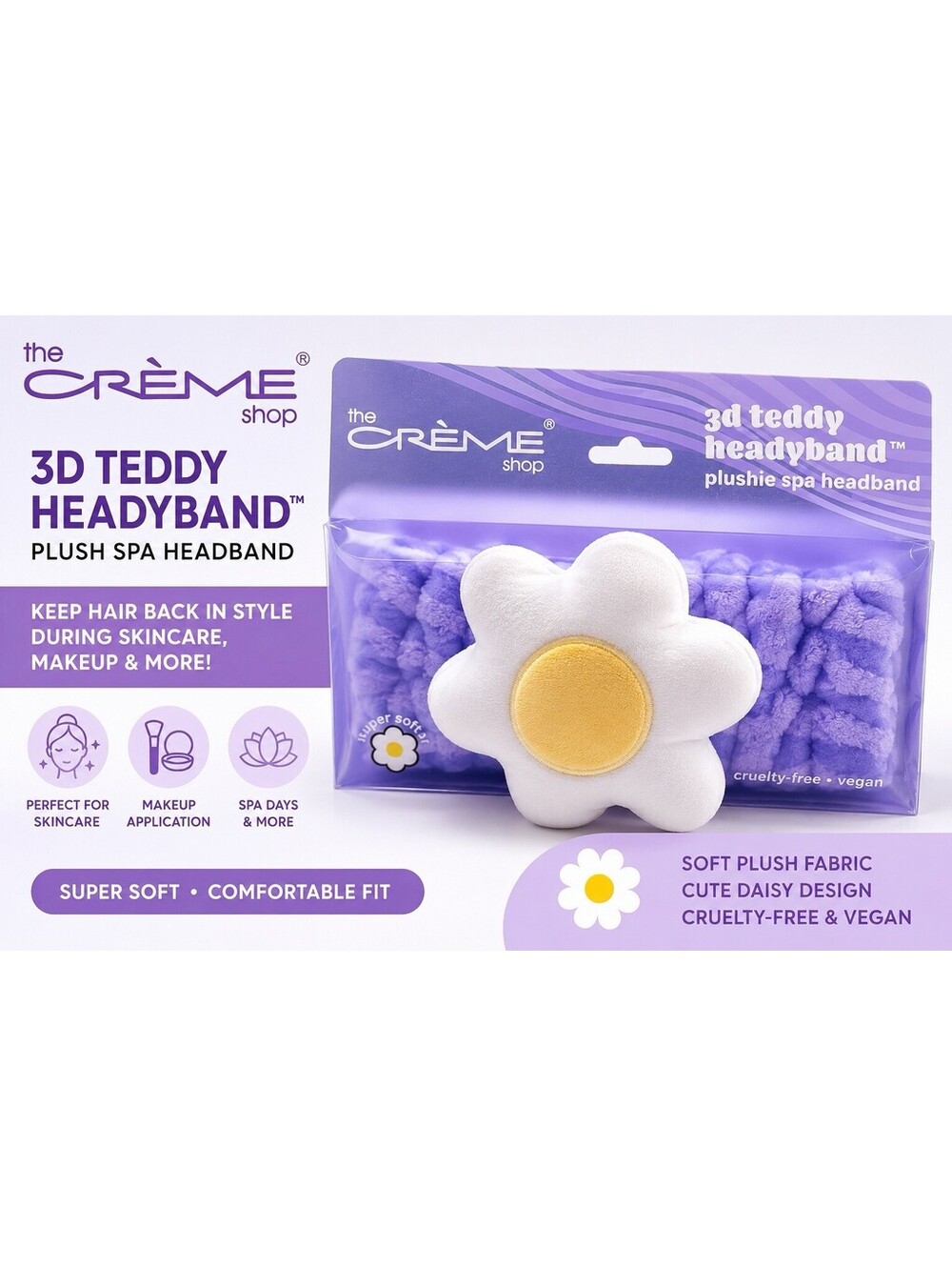 The Crème Shop 3D Teddy Headyband Plush Spa Headband Daisy Flower White NWT